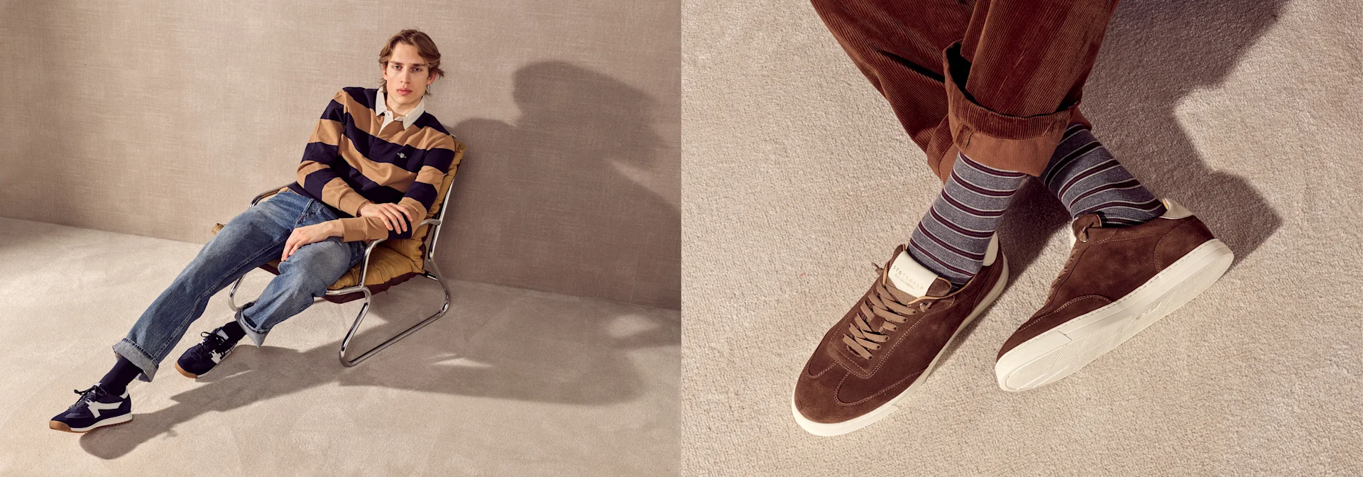 Man in striped rugby shirt and brown suede sneakers in a studio setting